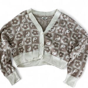 American Eagle Brown Cream Floral Cropped Cardigan Sweater M